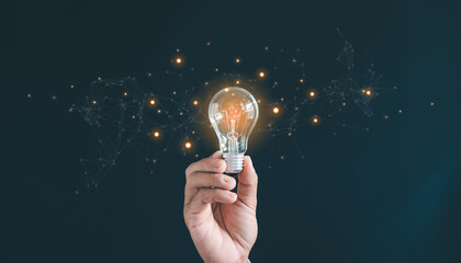 Hand holding the light bulb with a technological network cable connected to it.