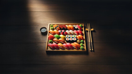 Exquisite Sushi Platter: A Colorful Array of Fresh Nigiri, Sashimi, and Rolls 