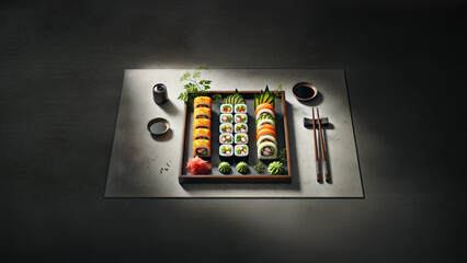 Artful Sushi Rolls Presentation: A Variety of Fresh and Vibrant Sushi with Traditional Sides 