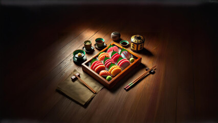 Artistic Sashimi Platter: Fresh Cuts of Fish in a Traditional Japanese Dining Setting 