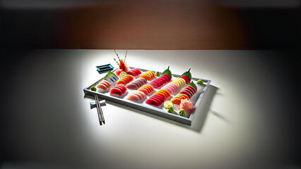 Indulge in a luxurious sashimi platter featuring a refined array of fresh fish cuts, beautifully arranged with traditional accompaniments. Perfect for a sophisticated dining experience 