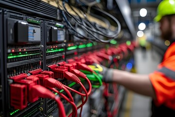 A server farm under construction, with new racks being installed and cables being laid out.