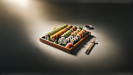 Indulge in a vibrant sushi platter featuring a colorful array of fresh and delicious sushi rolls. Perfectly arranged for an exquisite dining experience, accompanied by traditional soy sauce and chopst