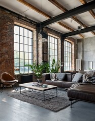 Living room interior in loft, industrial style, 3d render
