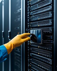 A server room during maintenance, with a technician replacing a hard drive in one of the servers.