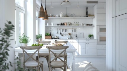 A stylish kitchen showcases a harmonious blend of modern design and rustic charm, featuring light wood furniture, greenery, and sunlit counters, perfect for family gatherings