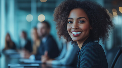 Obraz premium Portrait of a successful black business woman smiling in corporate office.