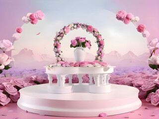 Podium background flower rose product pink 3d spring table beauty stand display nature white. Garden rose floral summer background podium cosmetic valentine Easter field scene gift purple day romantic