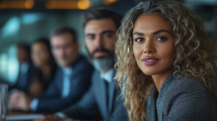 Fototapeta premium Business woman, meeting and portrait in office with collaboration, teamwork and career confidence. Professional, financial consultant and consulting staff with smile and happy from finance advice job