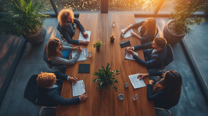 Diverse Group of Specialists and Employees Deliver Reports to Executive Director, Show Documents, Graphs and Statistics. Company CEO Making Speech. Top View Shot