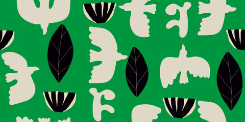 Hand drawn ornament seamless pattern with birds and floral elements. Abstract trendy monochrome print.