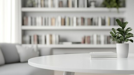 Modern white table top with free space to edit your product display with books above the living room