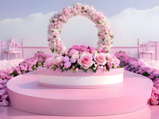 Podium background flower rose product pink 3d spring table beauty stand display nature white. Garden rose floral summer background podium cosmetic valentine Easter field scene gift purple day romantic