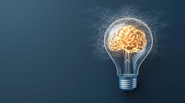 Exploding light bulb with brain elements inside, representing creativity and innovation, copy space for text,