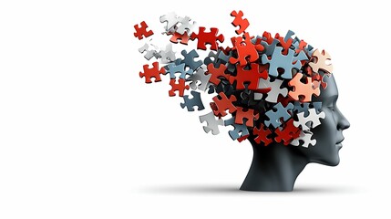 Profile of a human head made from colorful puzzle pieces, symbolizing complex thought, copy space for text,
