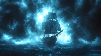 Fototapeta premium Ghostly Vessel Sailing Through Stormy Spectral Seas in Watercolor Style