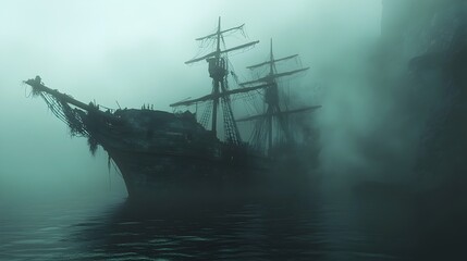 Haunting Remnants of a Pirate Ship Ghostly Vessel Adrift in Eerie Watercolor Fog