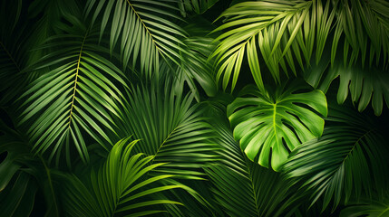 A lush green forest with palm trees and leaves