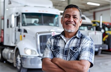 Smiling Truck Driver Transportation Logistics Industry Professional Hardworking Delivery Semi Truck Warehouse