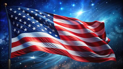 American flag waving in the wind with bold red, white, and blue strokes, set against a starry night sky, perfect for patriotic election design backgrounds.