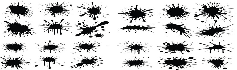 Print  Ink splashes stencil very detailed collection. High quality manually traced. Black inked splatter dirt stain splattered spray splash with drops blots. Isolated Silhouettes dirty liquid vector g