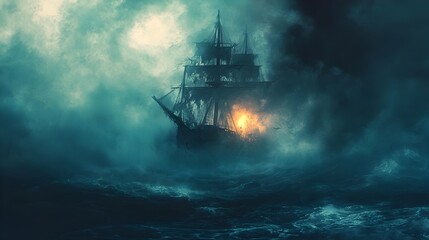 Obraz premium Ghostly Pirate Rises from Cursed Ocean in Eerie Watercolor Glow