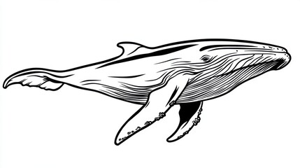 Outline illustration of a black and white whale for drawing and coloring on white background