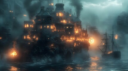 Haunting Pirate Stronghold with Glowing Treasure in Watercolor Rendering