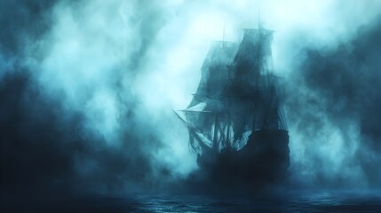 Fototapeta premium Ghostly Pirate Ship Emerging from Eerie Foggy Ocean in Watercolor Style