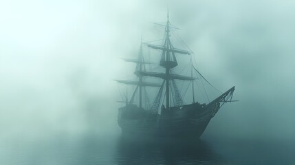 Ghostly Pirate Ship Emerging from Eerie Misty Depths in Watercolor Style
