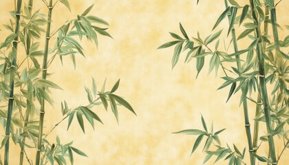 Fototapeta premium Vintage-Style Bamboo Forest Patterned Background with Green Leaves of Ancient Chinese Trees Against Soft Yellow Backdrop