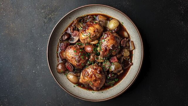Delicious Coq au Vin on Plate with Mushrooms and Onions