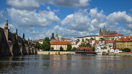 View of Prague Castle and Charles bridge from the river Vltava in Prague, Czech republic, Europe
