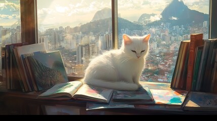 An artistic depiction of a white cat on a desk with a variety of art books, with sunlight streaming in and a soft, blurred view of Rio de Janeiro’s cityscape creating a captivating and serene