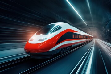 Fototapeta premium A high-speed train zooms through a tunnel, showcasing modern transportation technology and sleek design in motion.