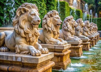 stone statues of reclining lions and fountains