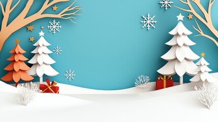 Charming winter scene featuring stylized trees, snowflakes, and festive decor on a soothing blue background.