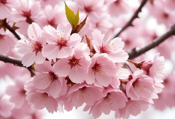A pink cherry blossom tree and branches with delicate pink flowers blooming against a warm neutral  white background