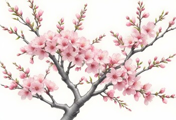 Obraz premium A pink cherry blossom tree and branches with delicate pink flowers blooming against a warm neutral white background