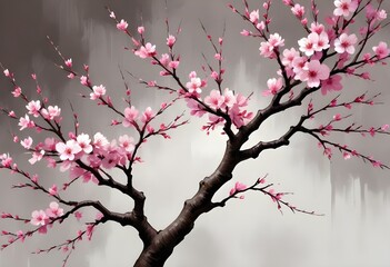 Obraz premium A pink cherry blossom tree and branches with delicate pink flowers blooming against a warm neutral white background