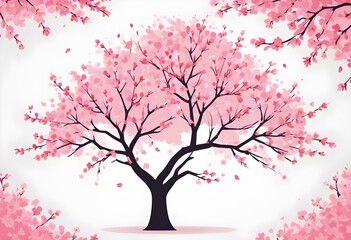 A pink cherry blossom tree and branches with delicate pink flowers blooming against a warm neutral  white background