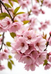 A pink cherry blossom tree and branches with delicate pink flowers blooming against a warm neutral  white background