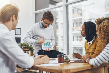 Business man, tablet and graphs in meeting with social media and marketing trend forecast on digital platform. Statistics, chart and research info for planning and strategy for company website