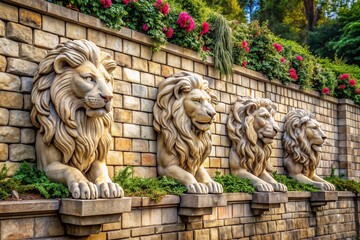 Brick wall with fresh flowers and stone lions