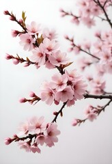 A pink cherry blossom tree and branches with delicate pink flowers blooming against a warm neutral  white background