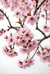 A pink cherry blossom tree and branches with delicate pink flowers blooming against a warm neutral  white background