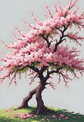 A pink cherry blossom tree and branches with delicate pink flowers blooming against a warm neutral  white background