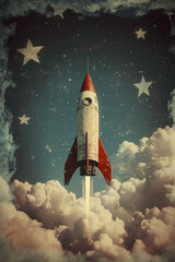 Fototapeta premium Retro Futuristic Rocket Launch to the sky