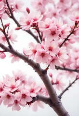 Obraz premium A pink cherry blossom tree and branches with delicate pink flowers blooming against a warm neutral white background