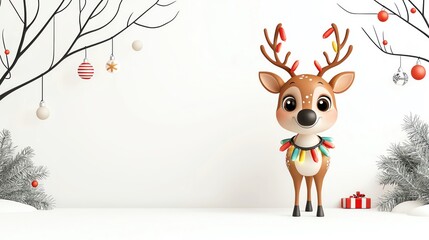 Fototapeta premium A cheerful cartoon reindeer wearing a festive collar, surrounded by holiday decorations on a bright backdrop.